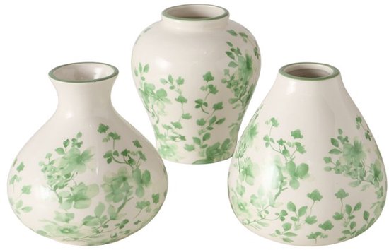 Boltze - Vaas - Set van 3 - Mini Vaasjes - Kate - Wit met groene bloemenprint - 11x10cm - Keramiek