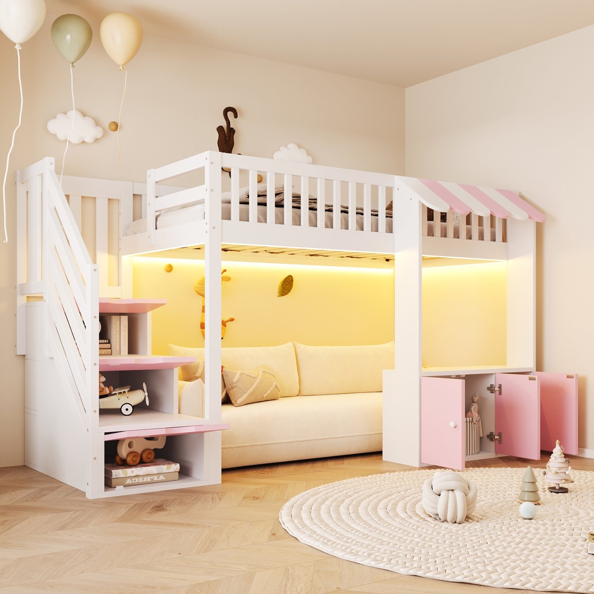 Hoogslaper 90x200 cm - met opbergruimte en LED-verlichting - luifelontwerp - roze - zonder matras