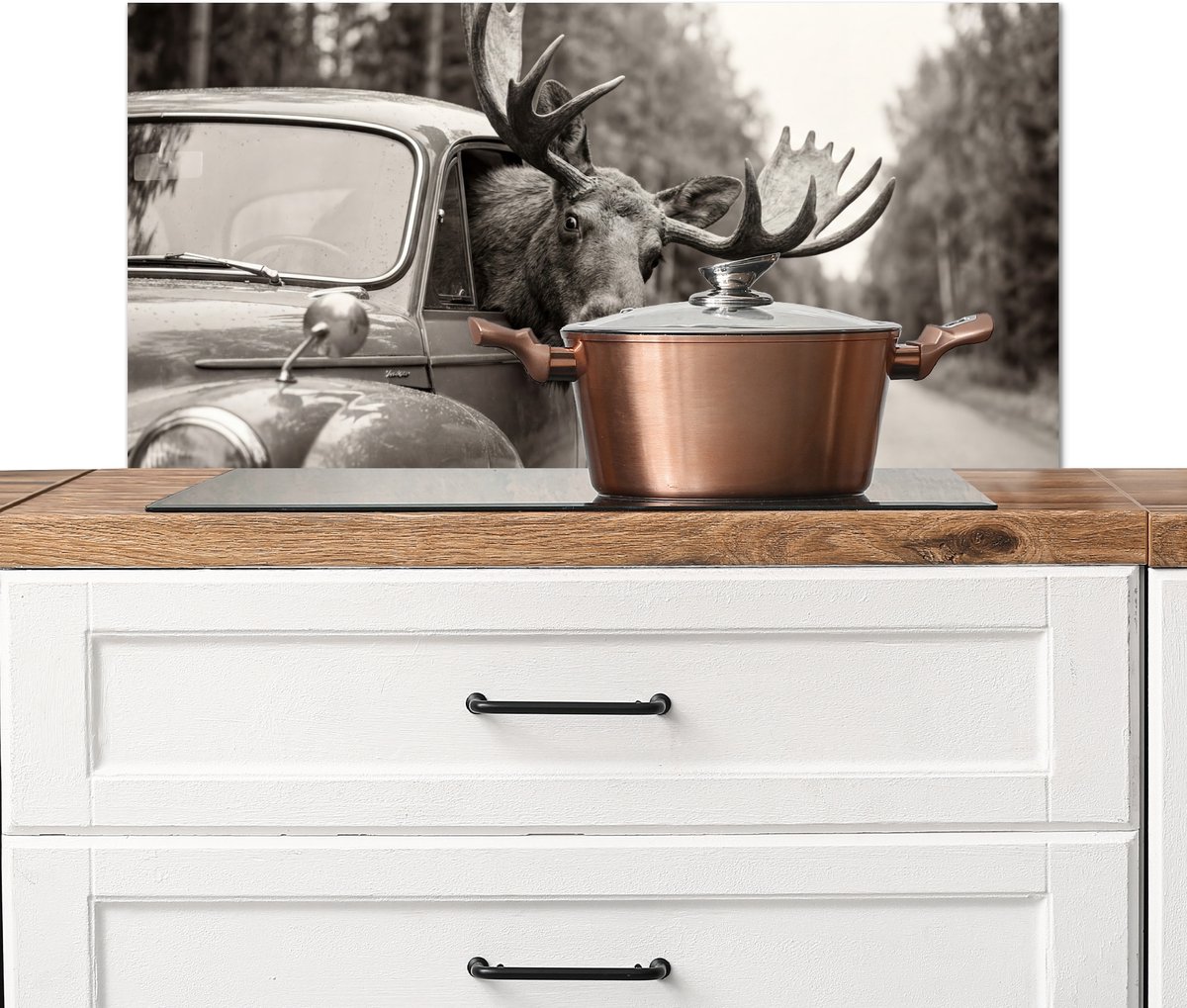 Spatscherm keuken 80x40 cm - Kookplaat achterwand Eland - Auto - Gewei - Zwart - Wit - Muurbeschermer - Spatwand fornuis - Hoogwaardig aluminium