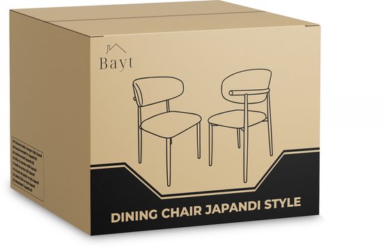 Doos voor Bayt Japandi eetkamerstoelen, met illustraties van twee stoelen.