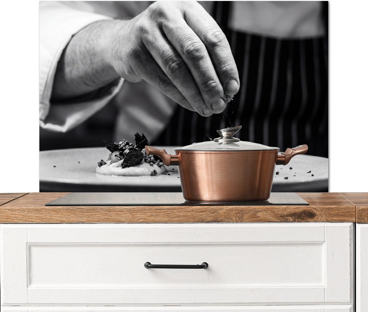 Spatscherm keuken 80x55 cm - Kookplaat achterwand Chef - Garnering - Gerecht - Muurbeschermer - Spatwand fornuis - Hoogwaardig aluminium