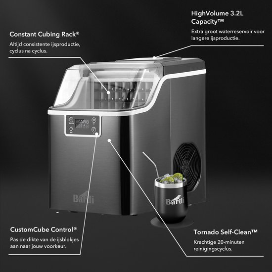 Bardi 3,2L Deluxe IJsblokjesmachine - Vierkante IJsblokmaker - LCD Display - 20Kg/24 uur. inclusief Thermosbeker en IJsschep - ZWART van Merkloos — afbeelding 4