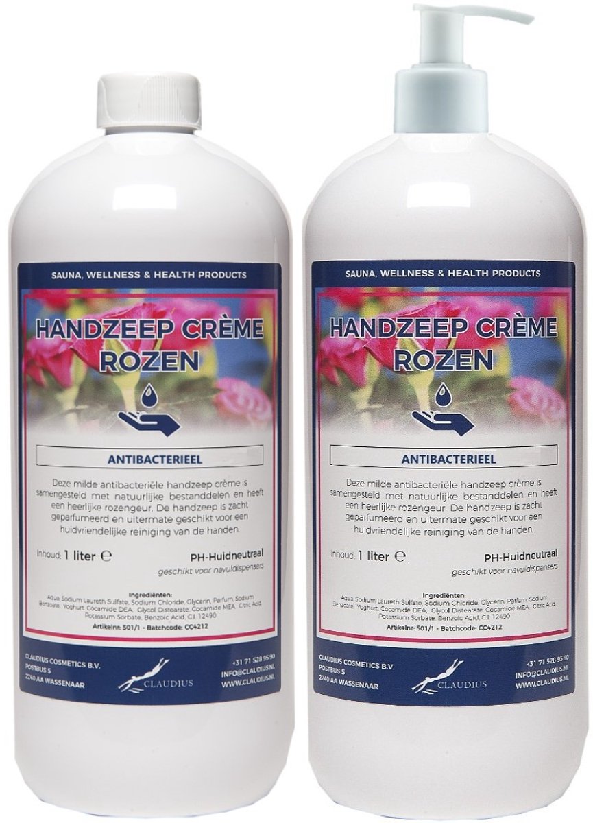 Handzeep Crème Rozen 1 liter - set van 2 stuks - met gratis pomp - Voordeelverpakking