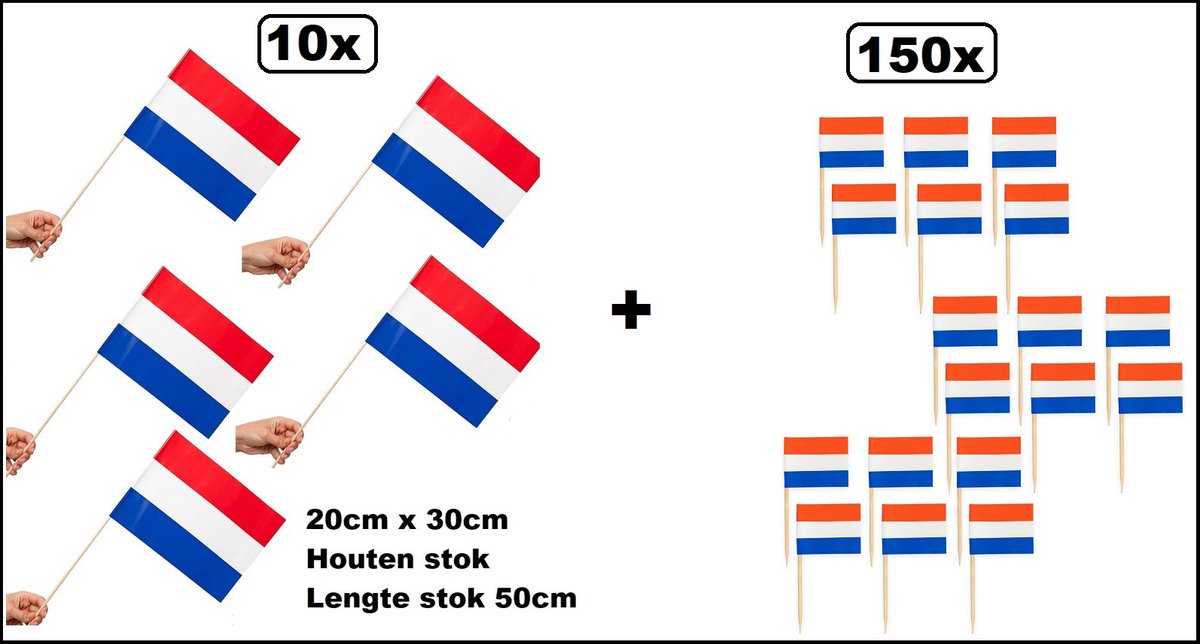 150x Cocktail prikkers Nederland + 10x Luxe Zwaaivlaggetjes op stok Nederland 20cm x 30cm - lengte stok 50cm