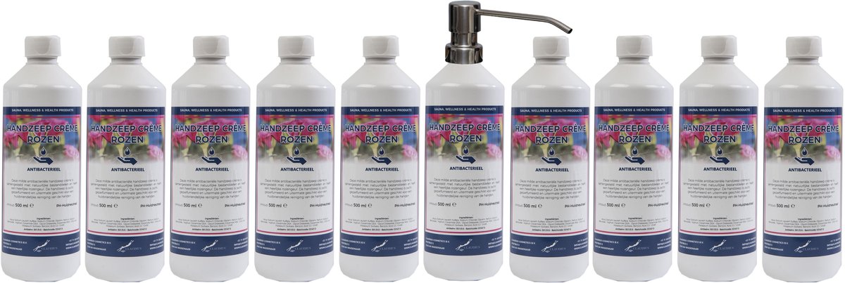 Handzeep Crème Rozen 500 ml - set van 10 stuks - met gratis RVS zilverkleurige pomp - Voordeelverpakking