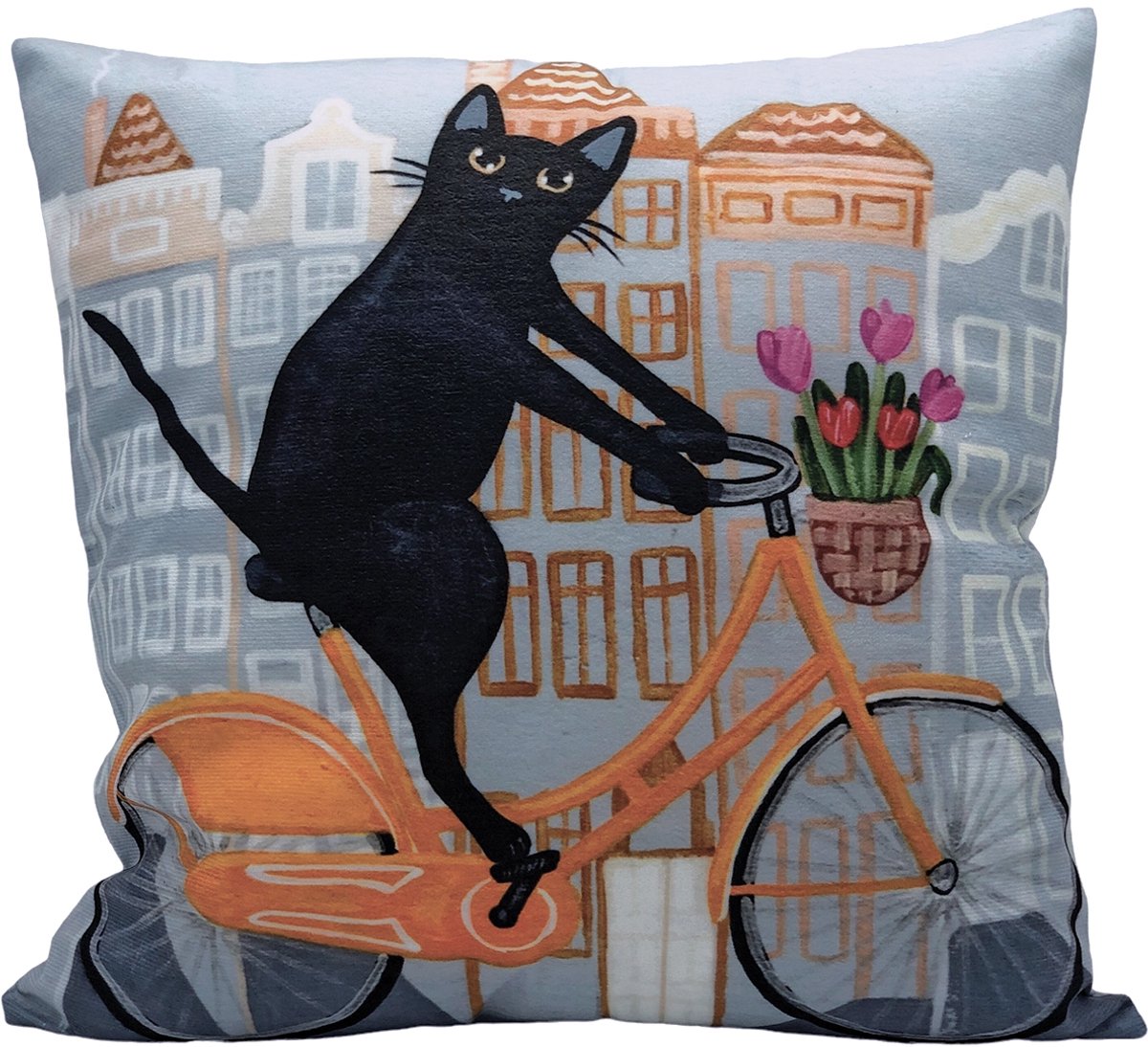 Sierkussen Kat - Kat Kussenhoes - Amsterdam Kat op Fiets - 45 x 45 cm - Grijs