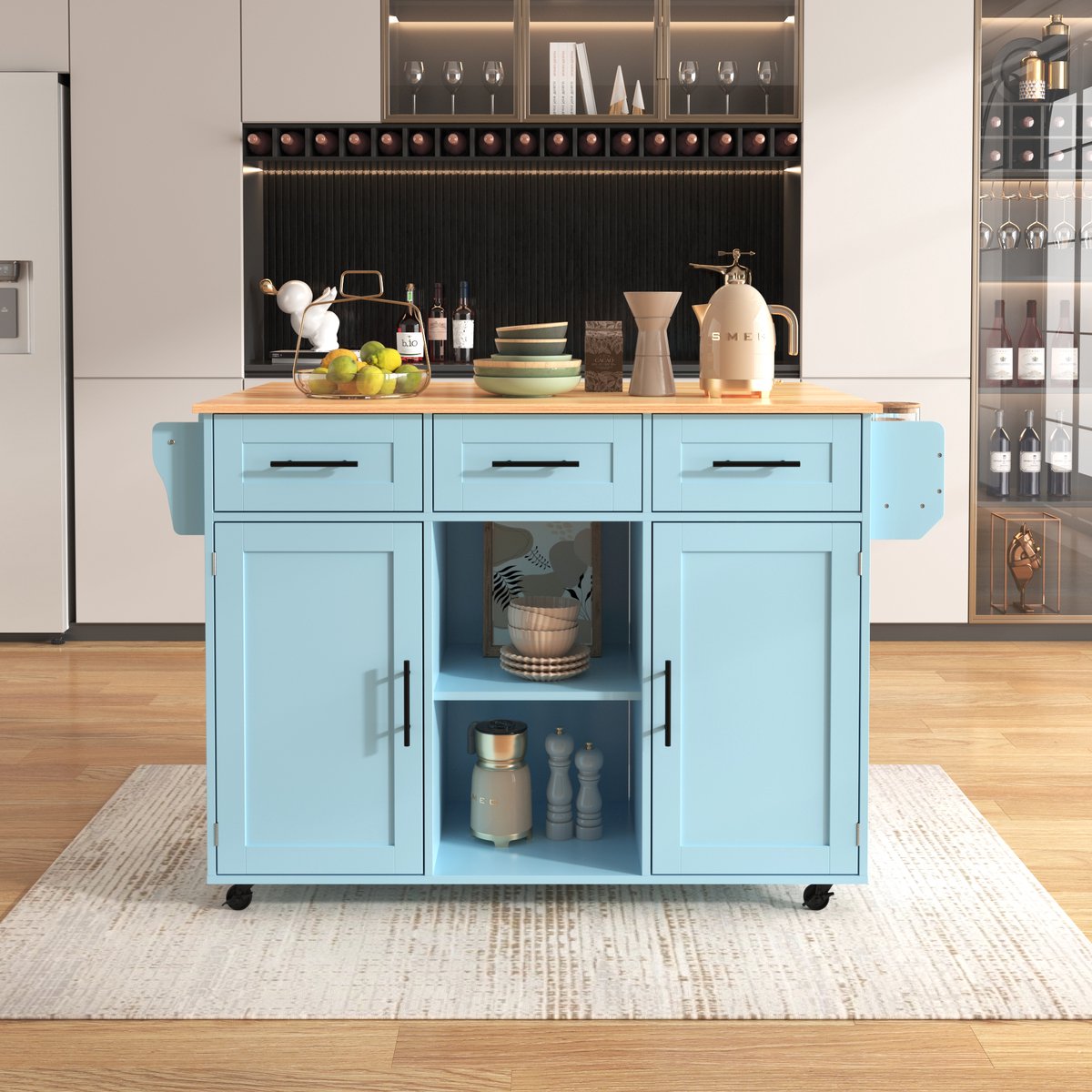 REDOM Keukenwagen - Klapbaar Werkblad En Opbergruimte - Modern - Voor Keuken Of Eetkamer - MDF - Blauw - 139 X 46(71) X 91,5 Cm