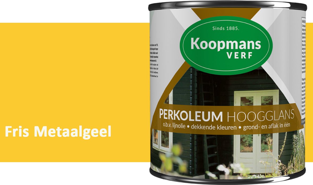 Koopmans Perkoleum Hoogglans Dekkend – Fris Metaalgeel – 2,5 l – Dekkende Beits Buiten – Schutting, Gevel & Tuinhout