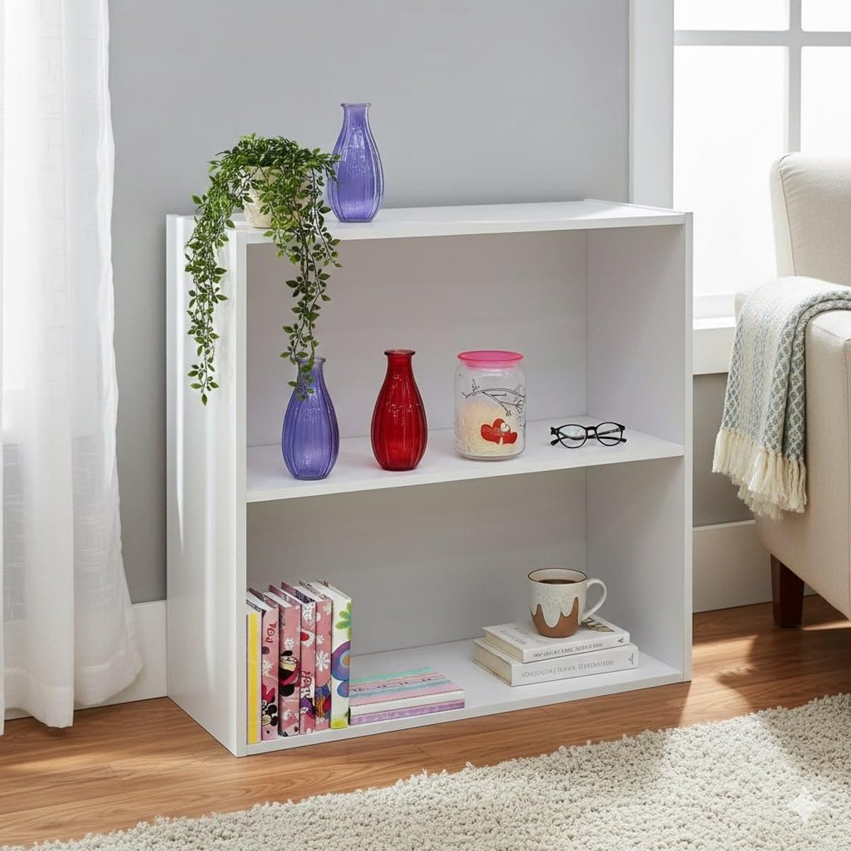 Houten Boekenkast - Opbergrek - Boeken Presenteren - Twee Lagen - 61x28x61 cm - Wit