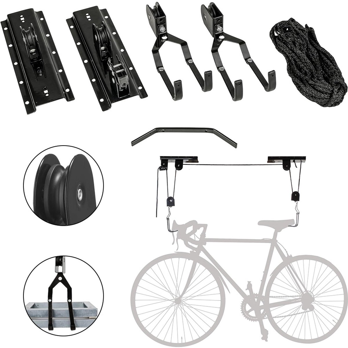 Fietslift Plafondmontage - Max. 50 Kg - Fietslift voor Garage - Plafondmontage Katrolsysteem Fietsopslag - Inclusief Installatieaccessoires en Handleiding