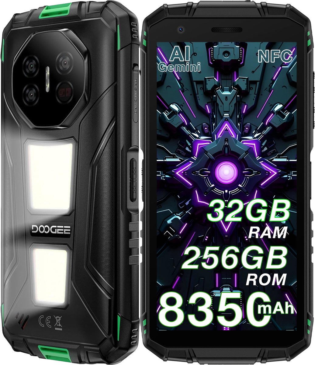 DOOGEE Fire 3 Max Robuuste Smartphone - Gemini AI- 32 GB RAM - 256 GB ROM - 8350 mAh - 5,5 inch - Android 15 - IP68/IP69K Outdoor telefoon - Widevine L1 - OTG - NFC - Groen