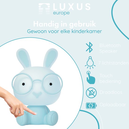 Luxus Nachtlamp Kinderkamer Bunny - Blauw - Nachtlampje baby - Voor kinderen - Slaapkamer - 7 kleuren licht - RGB - Bluetooth speaker - Draadloos - Oplaadbaar van Merkloos — afbeelding 2