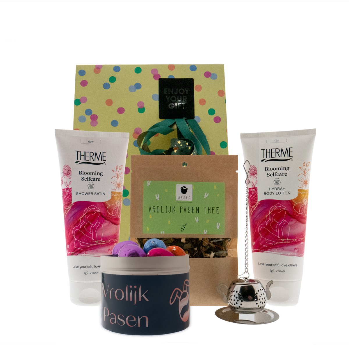 Therme Cadeauset Blooming Selfcare Pasen - Therme Shower 200 ml Blooming Selfcare - Therme Body Lotion 200ml Blooming Self Care - ARELO Vrolijk Pasen thee