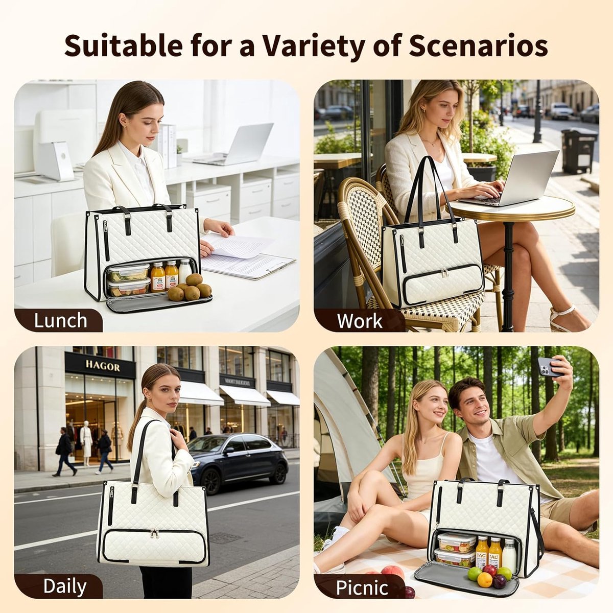 Lunchtas 2-in-1 - Luxe Luncher Werktas - handtas met geïsoleerde lunchkamer - 15,6 inch laptop - Tote Bag - Vrouwen Koeltas - waterdichte kantoortas met antidiefstalbeveiliging - voor werk, universiteit en reizen - wit - zwart — cadeau in Cadeau-ideeën - foto 4