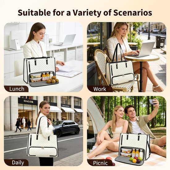 Lunchtas 2-in-1 - Luxe Luncher Werktas - handtas met geïsoleerde lunchkamer - 15,6 inch laptop - Tote Bag - Vrouwen Koeltas - waterdichte kantoortas met antidiefstalbeveiliging - voor werk, universiteit en reizen - wit - zwart — afbeelding 4
