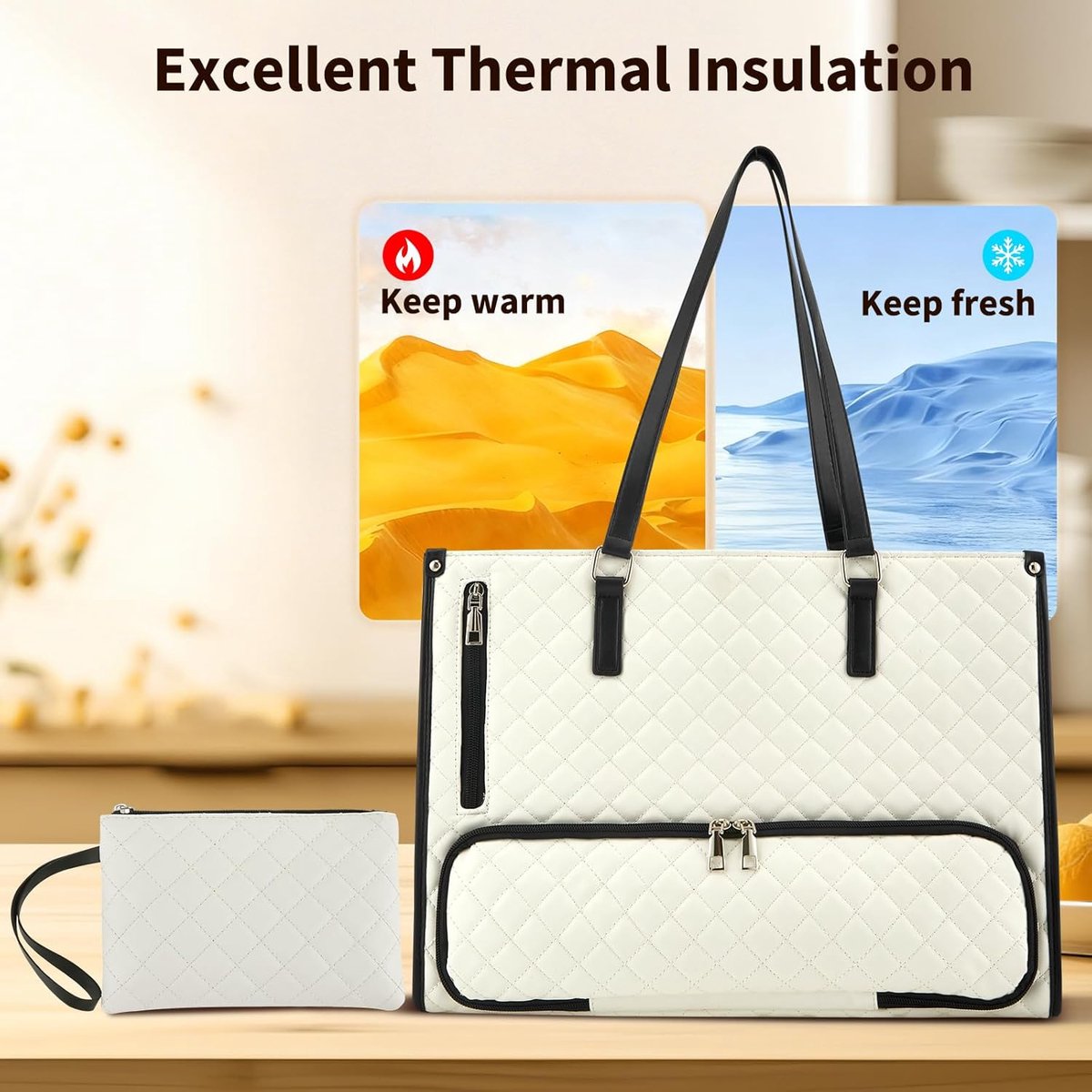 Lunchtas 2-in-1 - Luxe Luncher Werktas - handtas met geïsoleerde lunchkamer - 15,6 inch laptop - Tote Bag - Vrouwen Koeltas - waterdichte kantoortas met antidiefstalbeveiliging - voor werk, universiteit en reizen - wit - zwart — cadeau in Cadeau-ideeën - foto 6