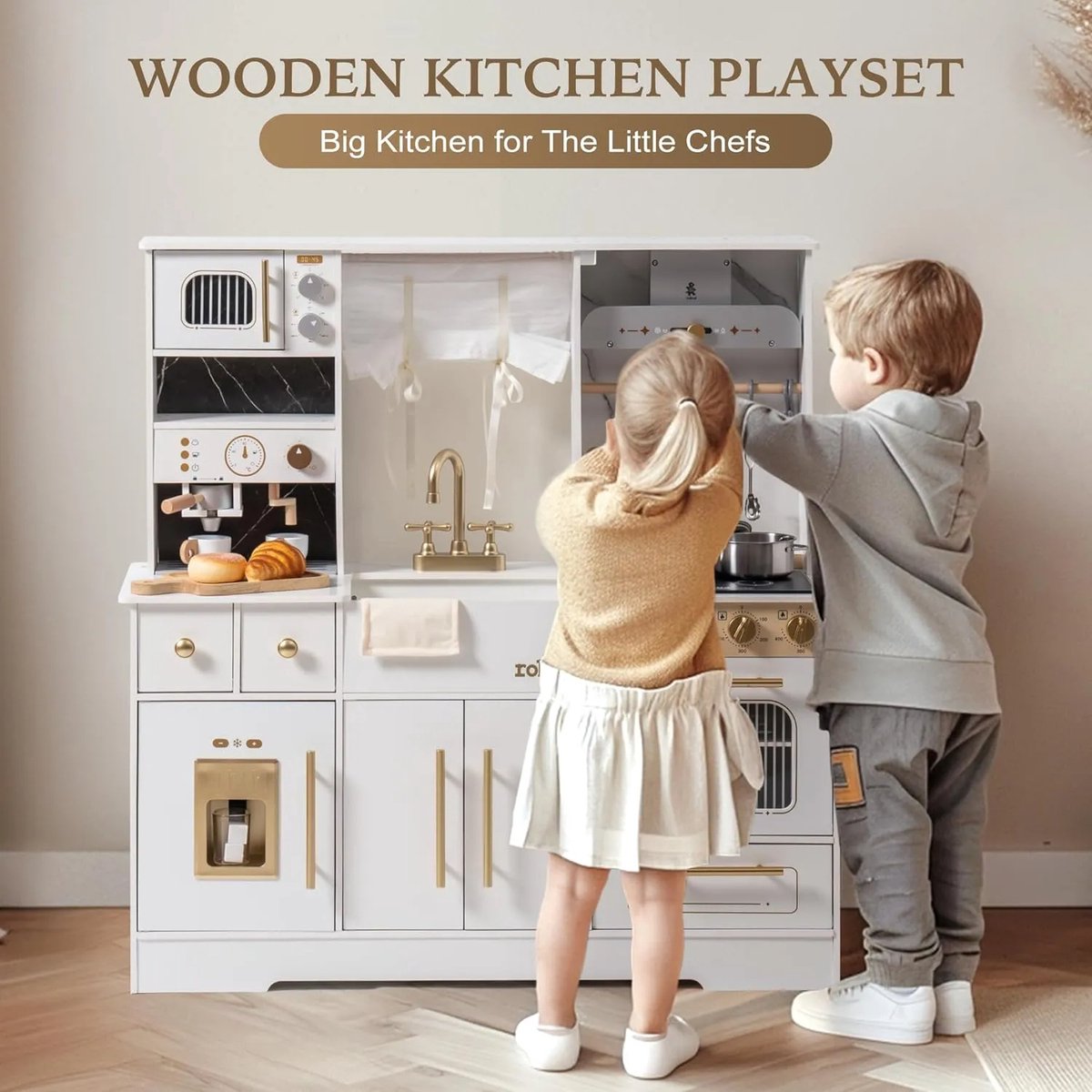 Robotime - ROBUD Houten Moderne Speelkeuken - Wit - Rollenspelset met Volledige Accessoires - Voor Peuters 3+ — afbeelding 5