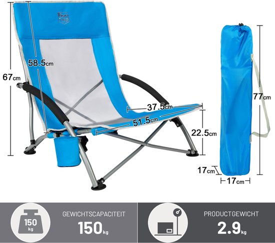 TIMBER RIDGE Strandstoel - Opvouwbaar & Lichtgewicht - 150KG draagvermogen - Ademende mesh rugleuning - Voor strand & camping - Blauw van Merkloos — afbeelding 3
