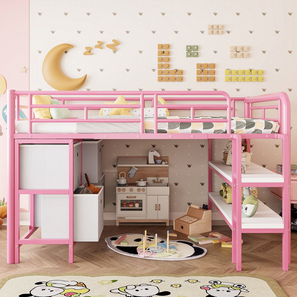 intebiki hoogslaper 90 x 200 - kinderbed - met opbergruimte - met lades en planken - inclusief zes grote opberglades - metalen - matras niet inbegrepen - roze