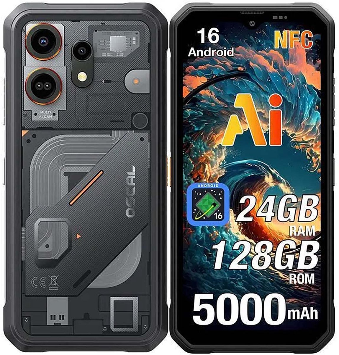 OSCAL MARINE 3 Robuuste Smartphone - 24GB RAM+128GB ROM - 5000mAh Robuuste Telefoon - 6,56 Inch - IP68 IP69K - Dual SIM 4G - Android 16 - BT5.0 - NFC GPS - Zwart