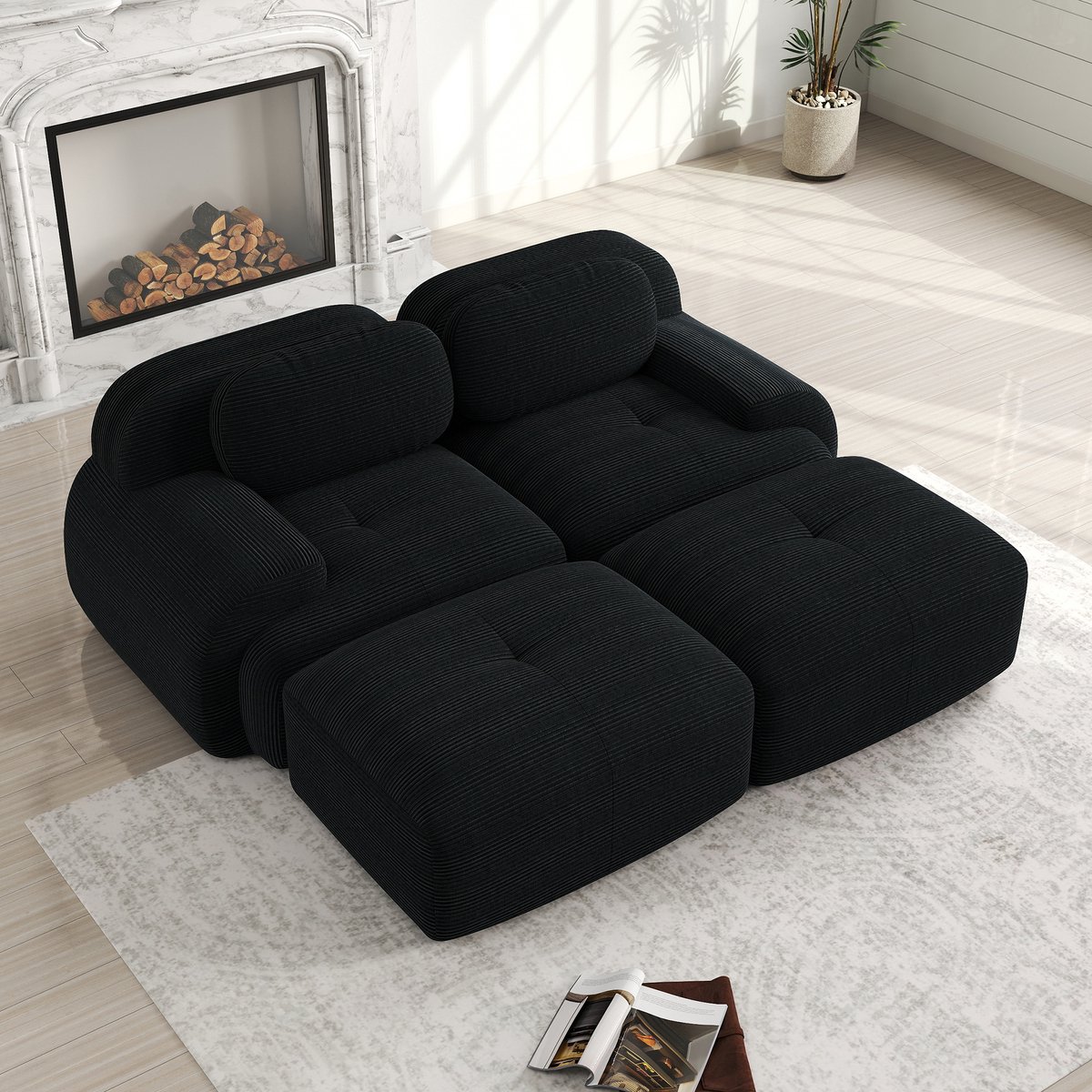 MODFU Frameloze Modulaire Hoekbank - Zwarte Loungebank met Zachte Ribstof - Antislip & Erg