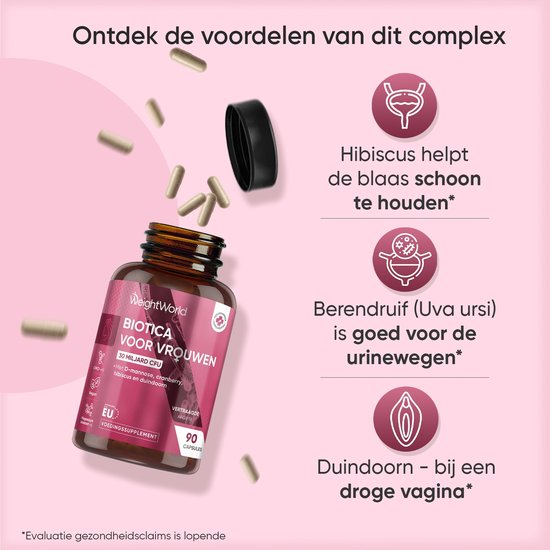 Bruine pot met roze etiket 'Biotica voor vrouwen' met 3 uitgelichte iconen: hibiscus, berendruif en duindoorn.