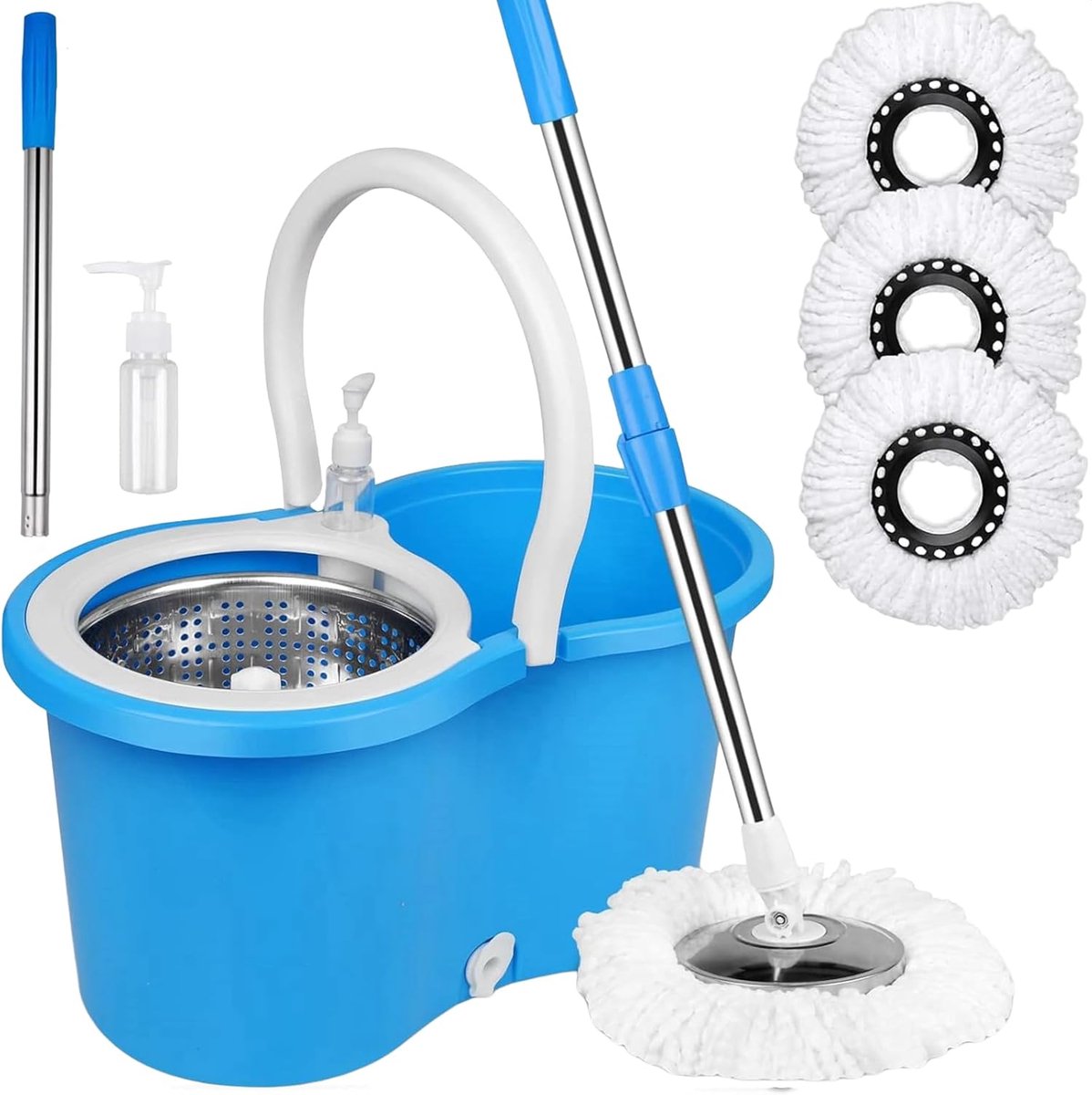 Dweil en emmer - Spinmop set - Vloeren reinigen - 360 graden draaiend - 155 cm handgreep - Blauw