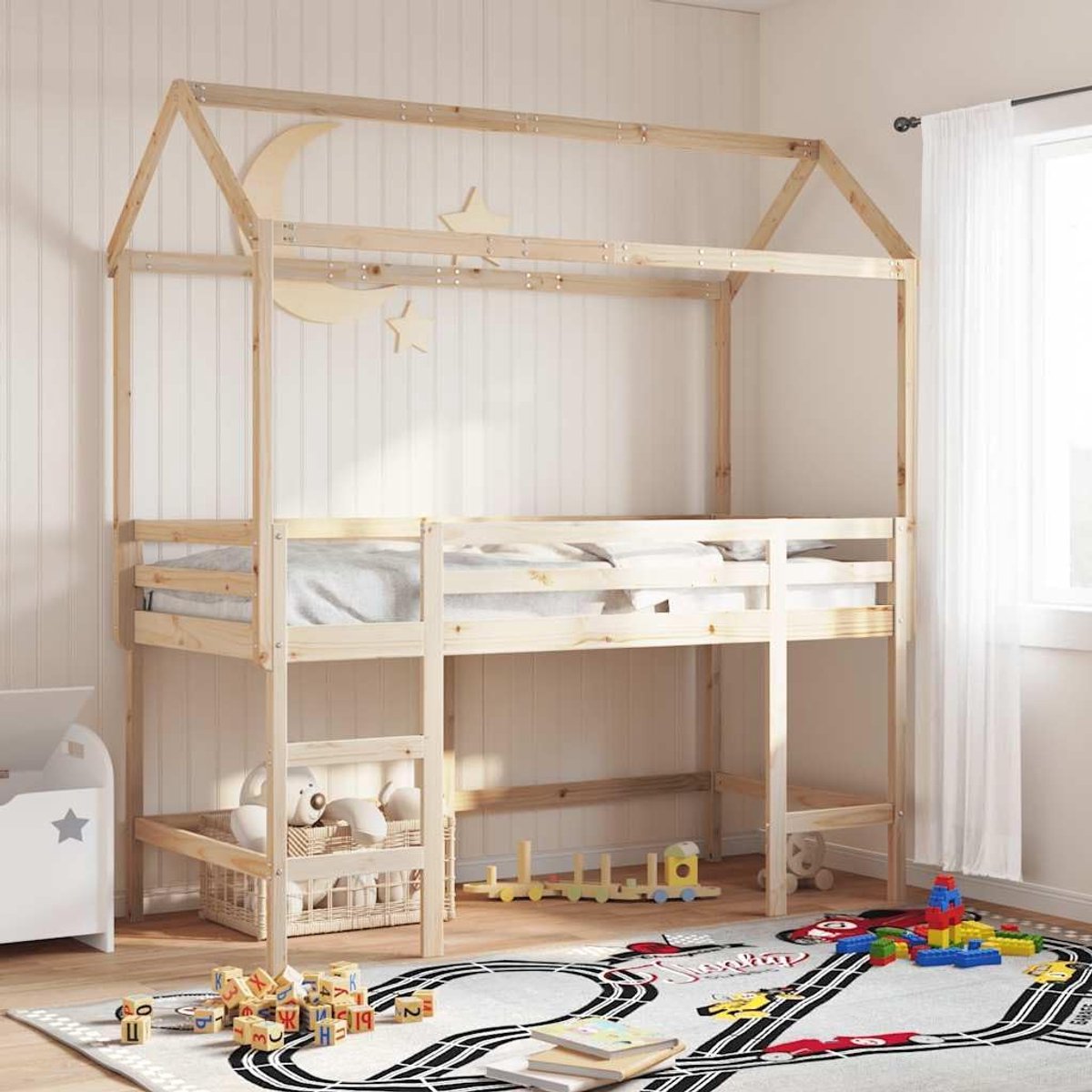Kinderbedhuisje - Juniorbed Huisje - Spelen en Slapen - Massief Grenenhout - 207x95x159 cm - Bruin