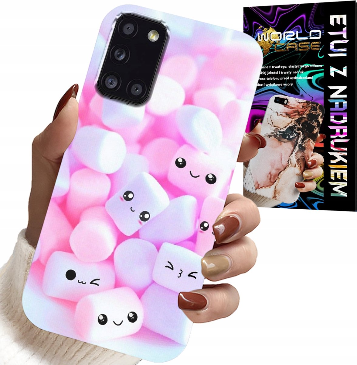 HOESJE VOOR SAMSUNG GALAXY A31 - PATROON 'Sweet Marshmallow', VOORKANT, ACHTERKANT