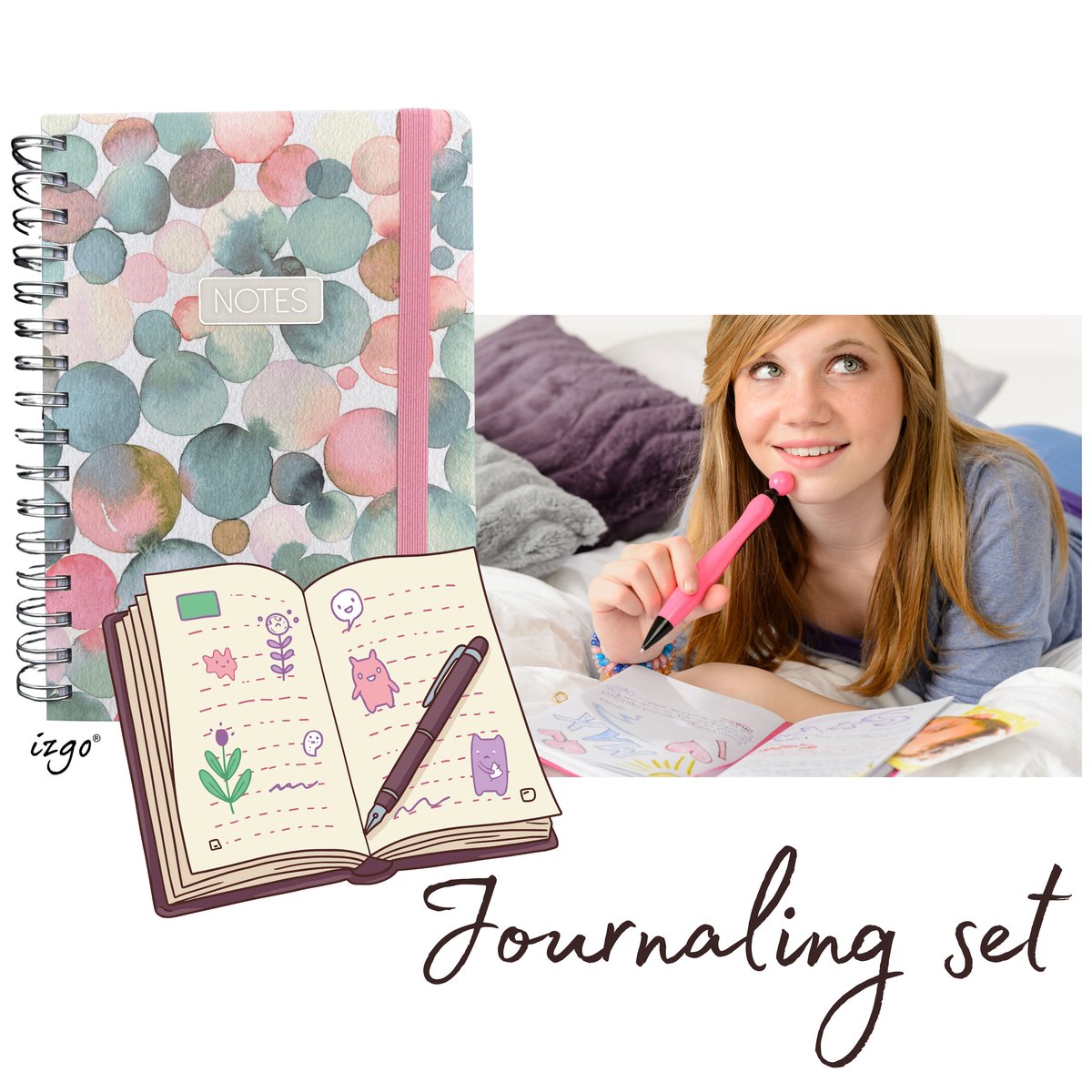 IZGO Journaling set - Dagboek - Notitieboek - Notebook A5 - Pip - Stickers - Bullet Journal - Watercolour drops