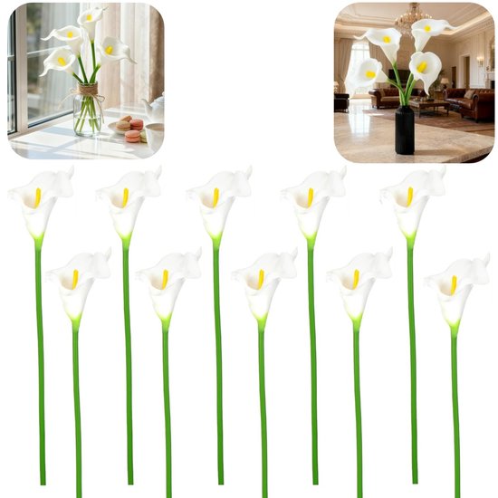 10 stuks Calla lelies - Kunstplanten - Woondecoratie - Nep calla lelies - Accessoires voor bloemstukken - Fotografie rekwisieten - Voor feestjes, boeketten, bloemstukken, woondecoratie (35 cm - Wit)