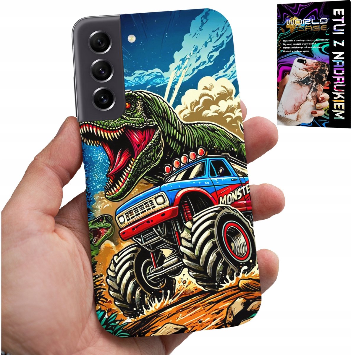 SAMSUNG GALAXY S22 HOESJE - DINOSAURUS IN MONSTERTRUCK PATROON VOOR KINDEREN