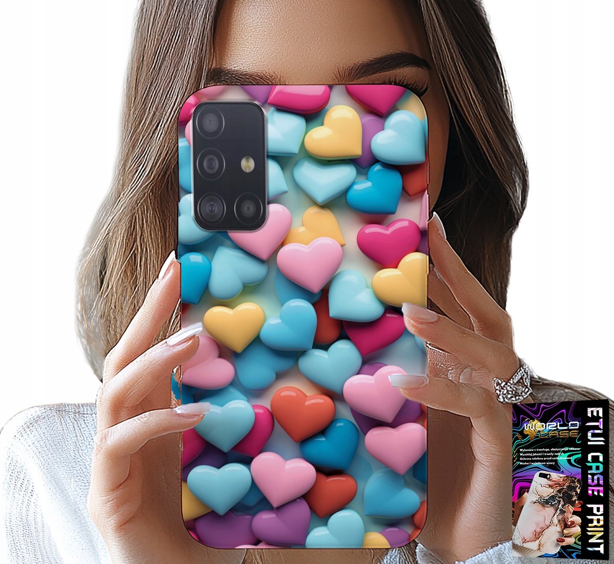 HOESJE VOOR SAMSUNG GALAXY A71 - KLEURRIJKE HARTJES, MOGELIJKHEID TOT PERSONALISATIE