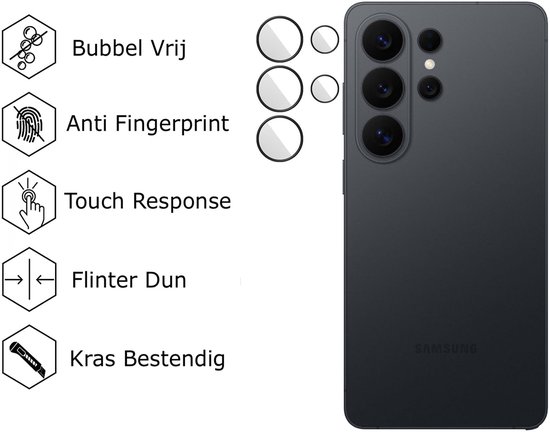 Zwarte Samsung telefoon met camera lensbeschermers, omringd door iconen die 'Bubbel Vrij', 'Anti Fingerprint', 'Touch Response', 'Flinter Dun', 'Kras Bestendig' aanduiden.