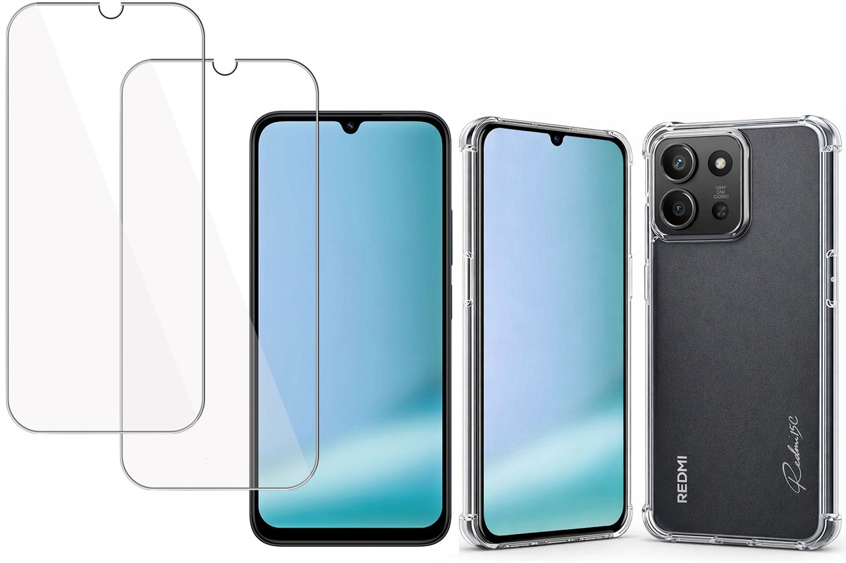 Proteq Hoesje + Screenprotector 2x geschikt voor Xiaomi Redmi 15C – Gehard Glas – Extreme Shockproof Case – Transparant