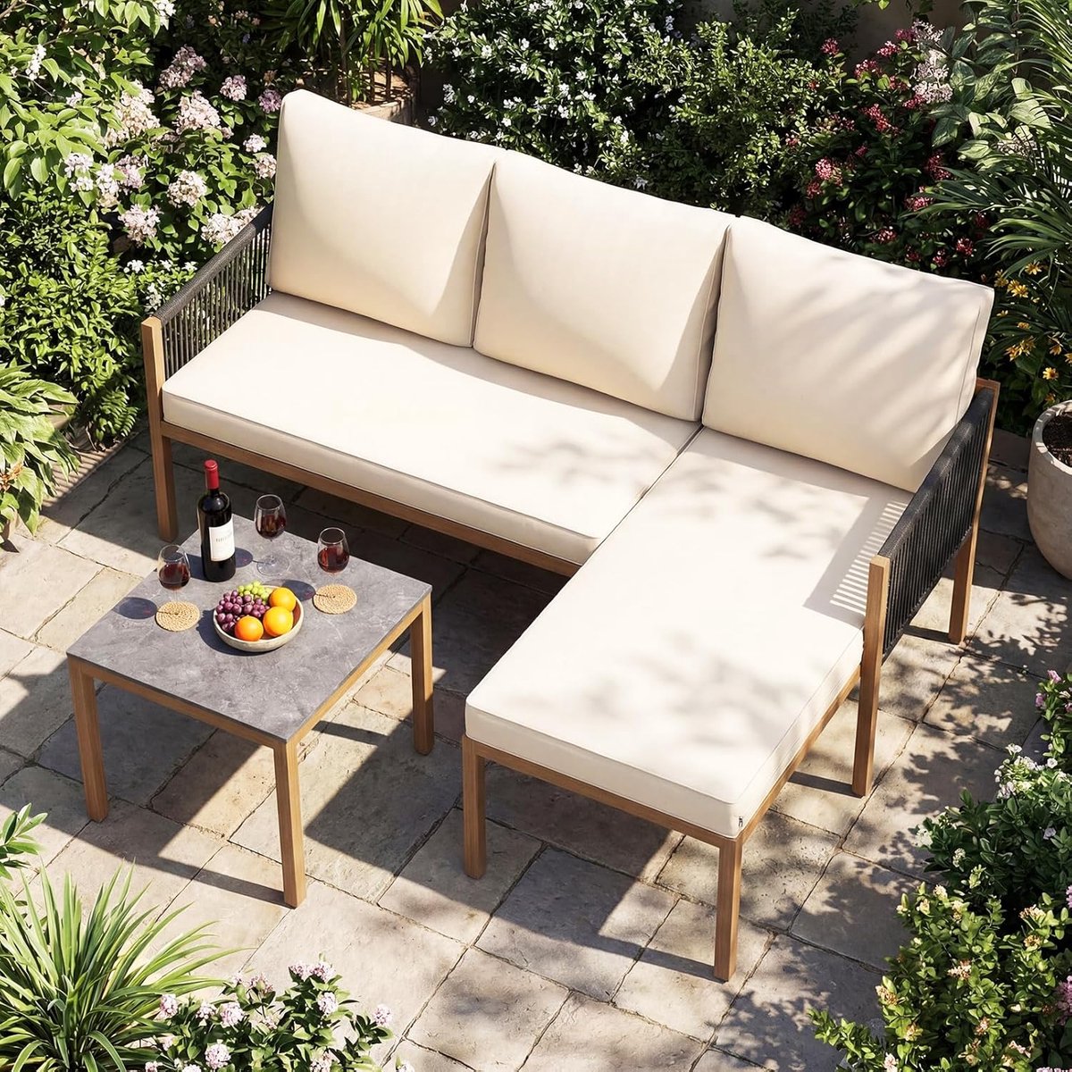 3-teilige Gartenlounge Set 118x171x64 cm – Balkon- & Terrassenmöbel mit Handgewebtem Seil, Bequemen Sitz- & Rückenkissen, Couchtisch in Marmoroptik – Outdoor Sitzgruppe für Garten & Innenhof – Laura