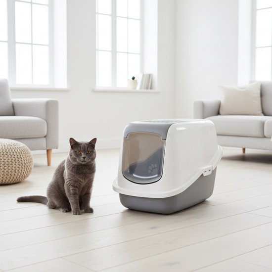 Grijze kat bij een gesloten grijze en witte kattenbak.