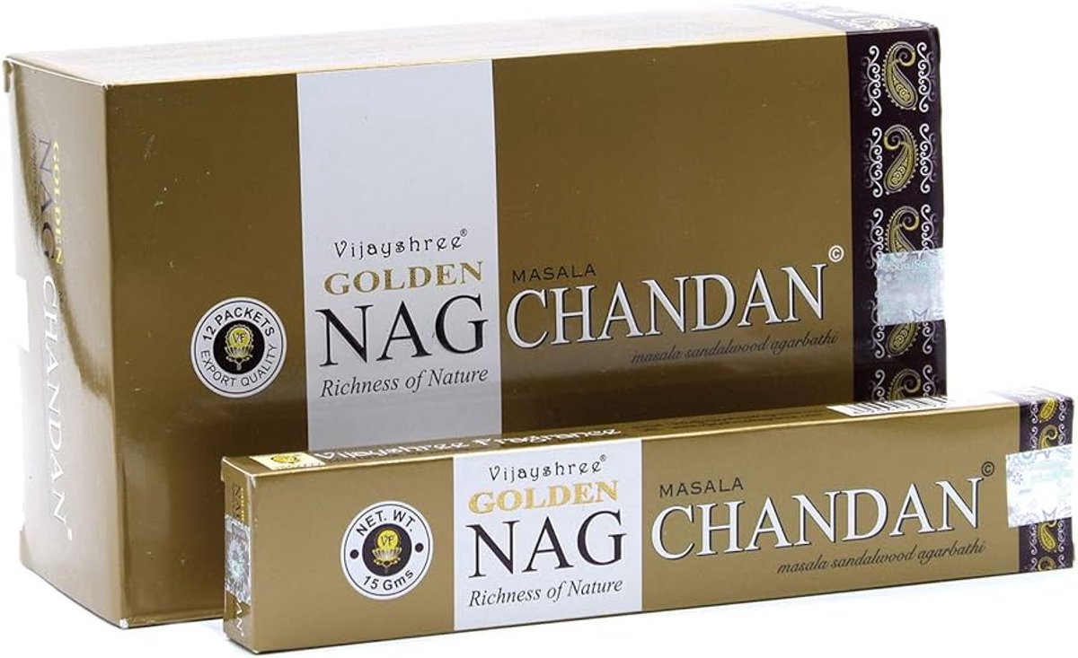 Grootverpakking Wierook - Geurstokjes - Golden Nag Chandan - Vijayshree - 12 Pakjes x 15 Gram - 180 Gram - 144 Stuks