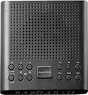 Zwarte digitale wekkerradio met knoppen: Sleep, Menu, P1-P4, Fav, Snooze/Dimmer.