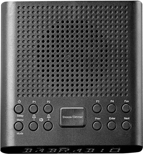 Zwarte digitale wekkerradio met knoppen: Sleep, Menu, P1-P4, Fav, Snooze/Dimmer.