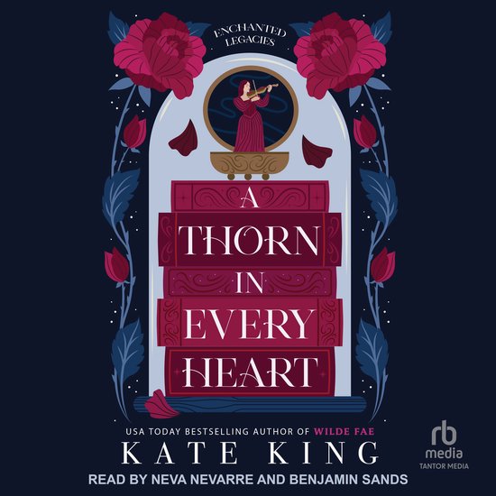 Een stapel van vijf boeken met de titel 'A Thorn in Every Heart' in rode letters. Versierd met bloemen en ranken.