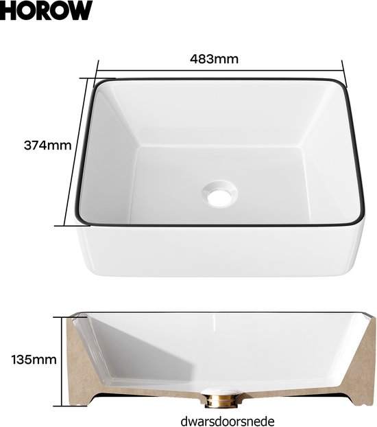 Afmetingen van een witte vierkante wastafel met zwarte rand: 483mm breed, 374mm lang, 135mm hoog.