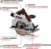 Einhell Accu Cirkelzaag TP-CS 18/190 Li BL Solo - Power X-Change - 18 V/Li-ion - Koolborstelloze motor - 3.800 t/min - Ø190x20/30 mm/24 T - Max. Zaagdiepte: 90°/45°: 65/45 mm - Excl. accu en lader