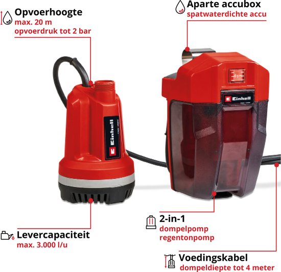 GE-PP 18 RB Li Solo - Accu Regentonpomp - Power X-Change (Li-Ion - 18 V - max. opvoerhoogte 20 m - max. 3.000 l/uur - 5 m verbindingskabel - zonder accu en oplader)
