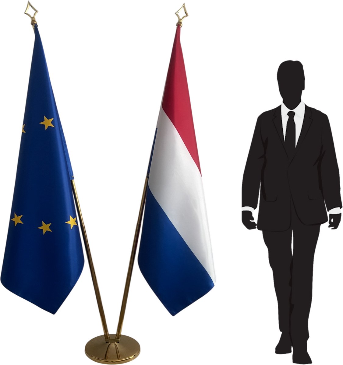 Nederlandse vlag + EU vlag met standaard - set van 2 vloervlaggen - goudkleurige mast met lanspunt - RVS voet 3 kg - telescopisch 2,5 m
