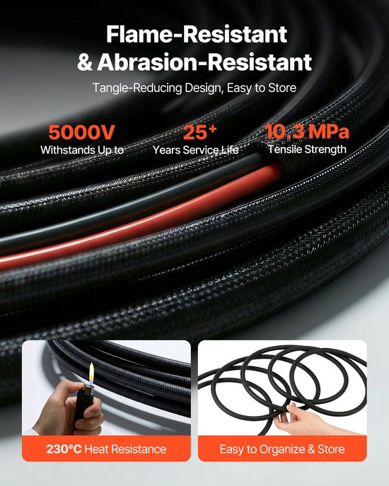 VEVOR Solar Verlengkabel 9,14 M, 10 Awg, Zonne-Energie Verlengkabel met Vlamvertragende Beschermmantel, Vrouwelijke En Mannelijke Connectoren, IP67, Pv-Kabel, voor Auto, Camper, Zwart En Rood van Vevor — afbeelding 5