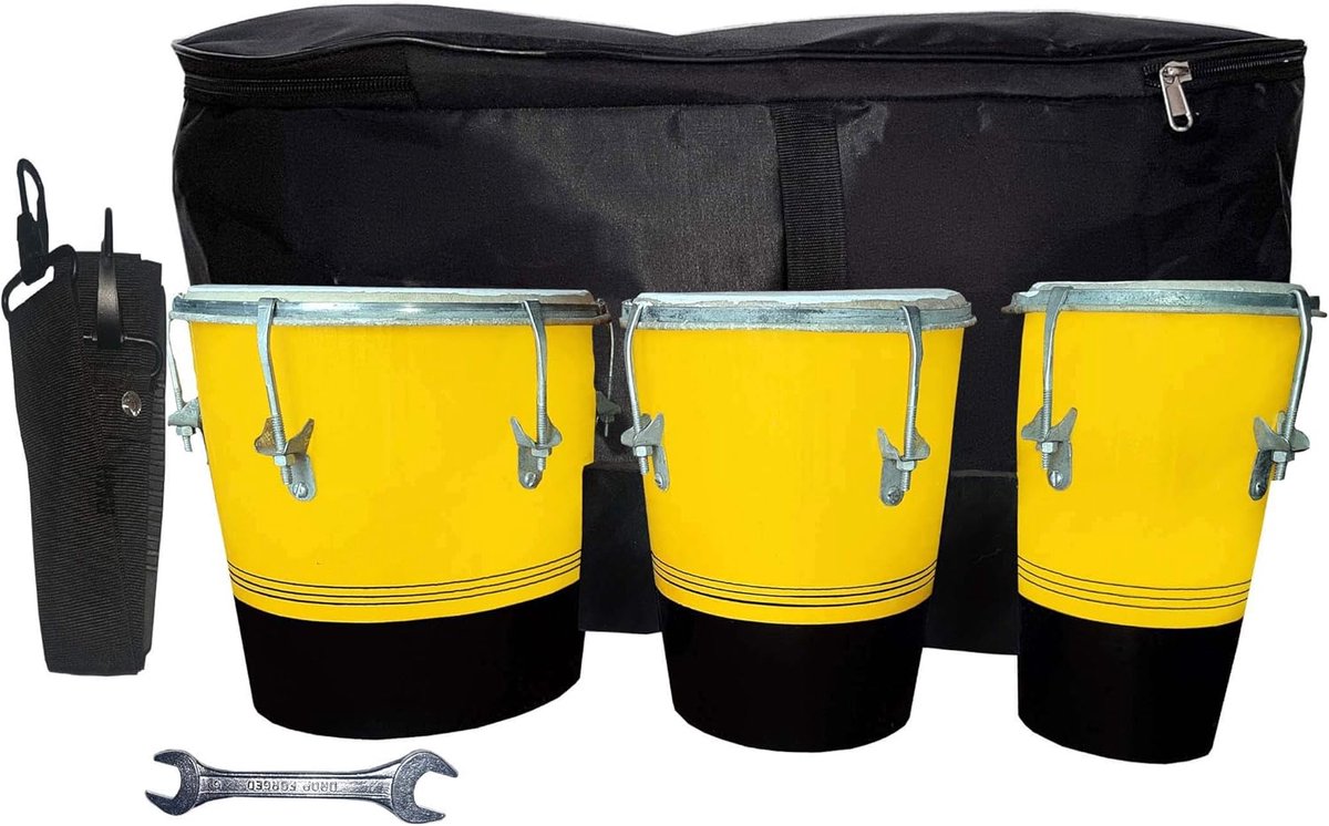 Houten Bongo Set - Handgemaakte Trommels - Muziek Maken - Drie Delig - 50x20x18cm - Geel