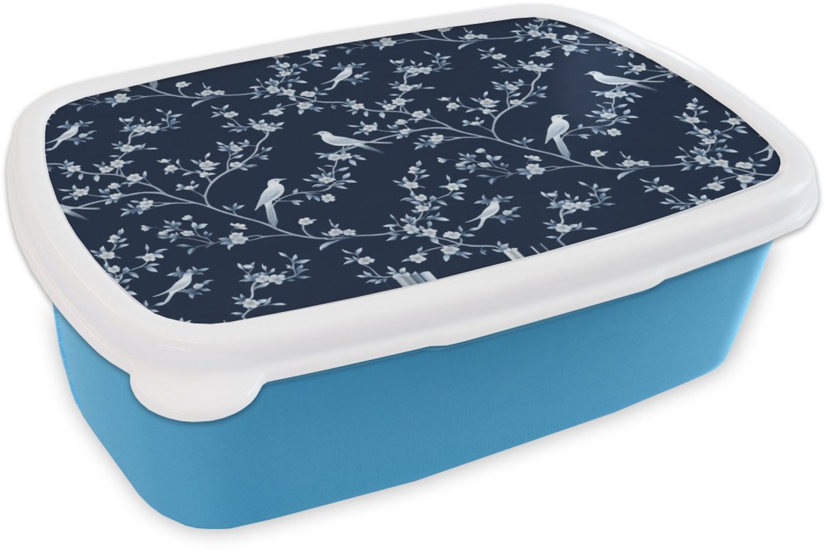 Broodtrommel Blauw - Lunchbox Grafisch - Bloesemtak - Blauw - Brooddoos 18x12x6 cm - Brood lunch box - Broodtrommels voor kinderen en volwassenen