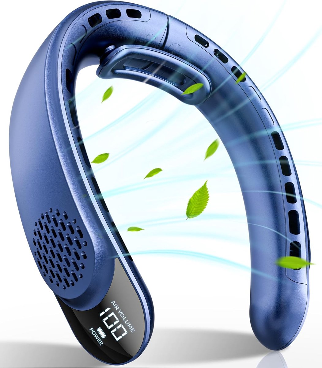 Nekventilator - Draagbare Nekventilator met LED-Display - 4000 mAh Oplaadbaar - 3 Snelheden - USB-C Handsfree Koeling - Blauw - 19x22 cm