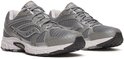 Grijze Saucony sneakers met witte zolen en zilveren accenten, paar op de grond.